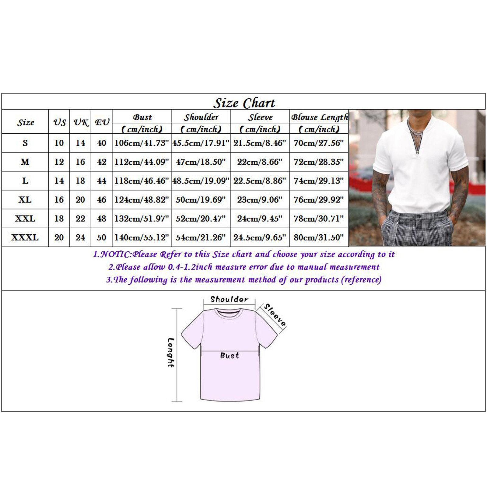 thumbnail image 3 of Blusa de manga corta con cuello alto y cremallera para hombre - Camisa informal de poliéster liso - Oficina/cita/fiesta de verano, 3 of 5